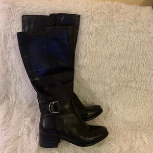 Naturalizer Black Leather Knee-High Buckle Heeled Boots